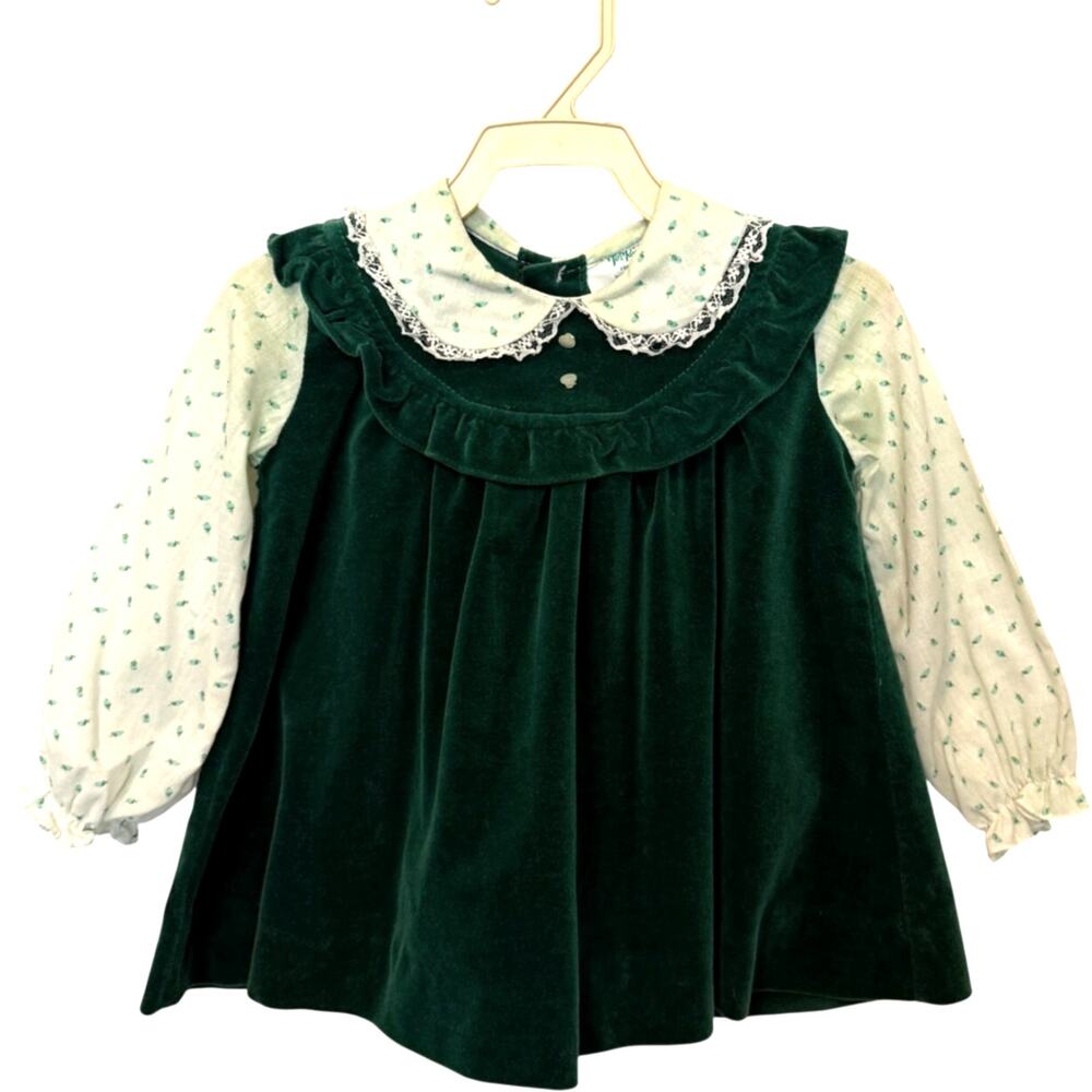 Vintage Tiny Tots Original Velour Dress Green White 24M